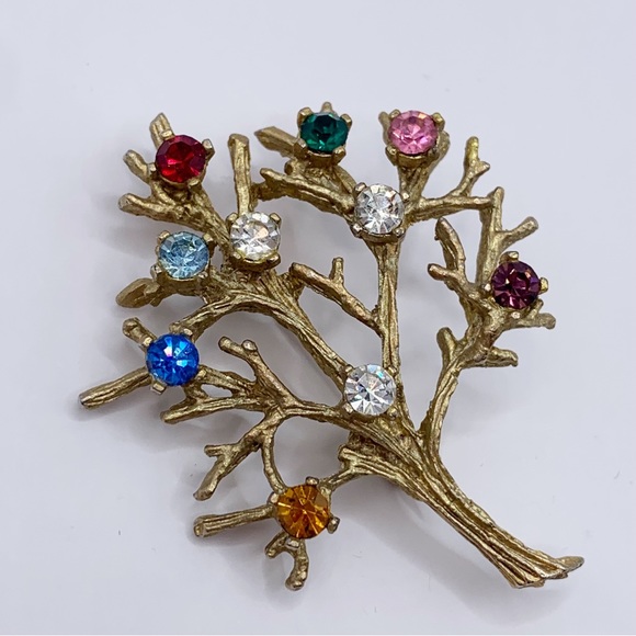Vintage gold tree of life brooch with colorful rhinestones 15k HGE - Picture 3 of 8